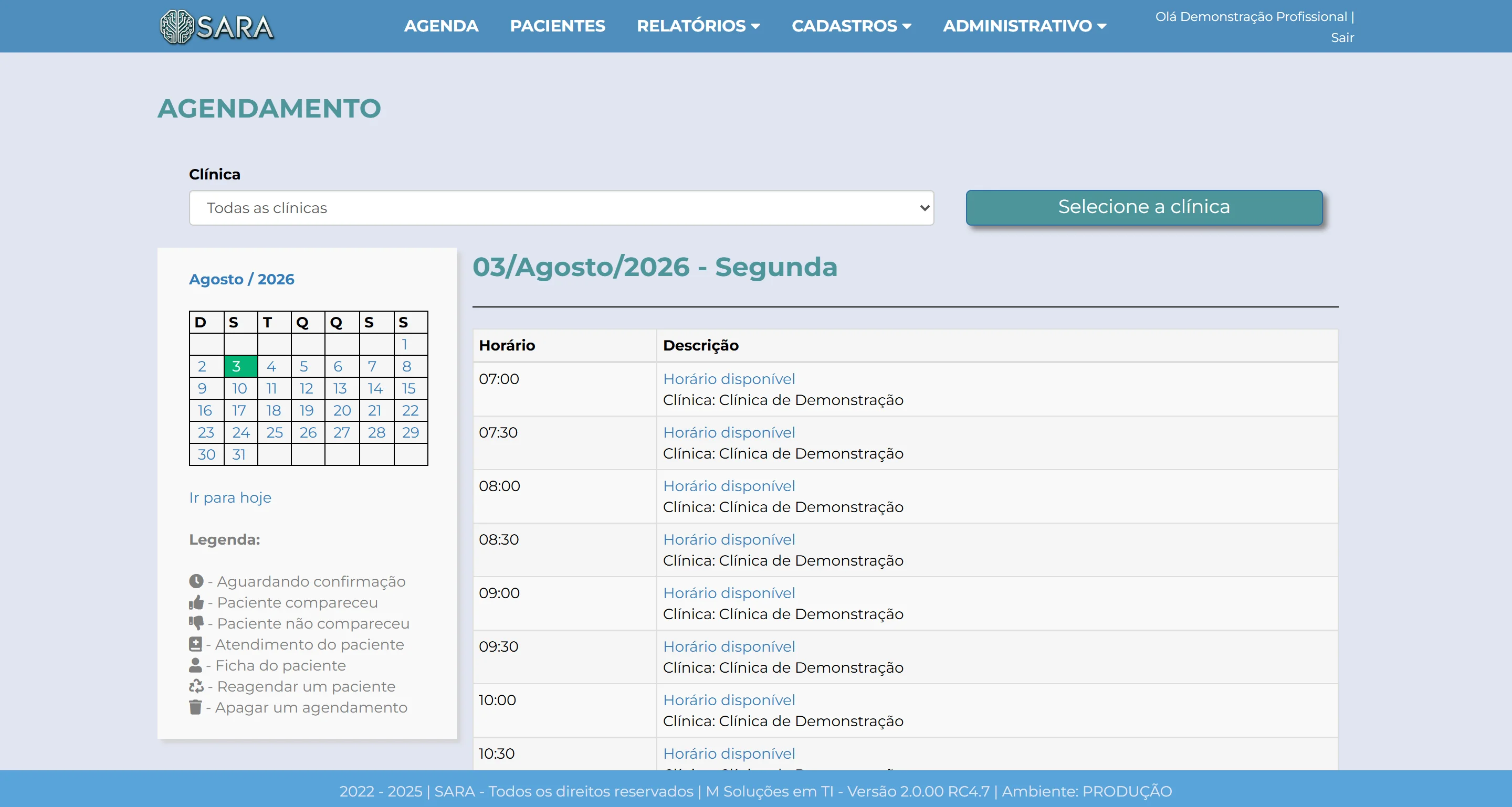 Tela de agendamento do SARA com calendário e horários disponíveis