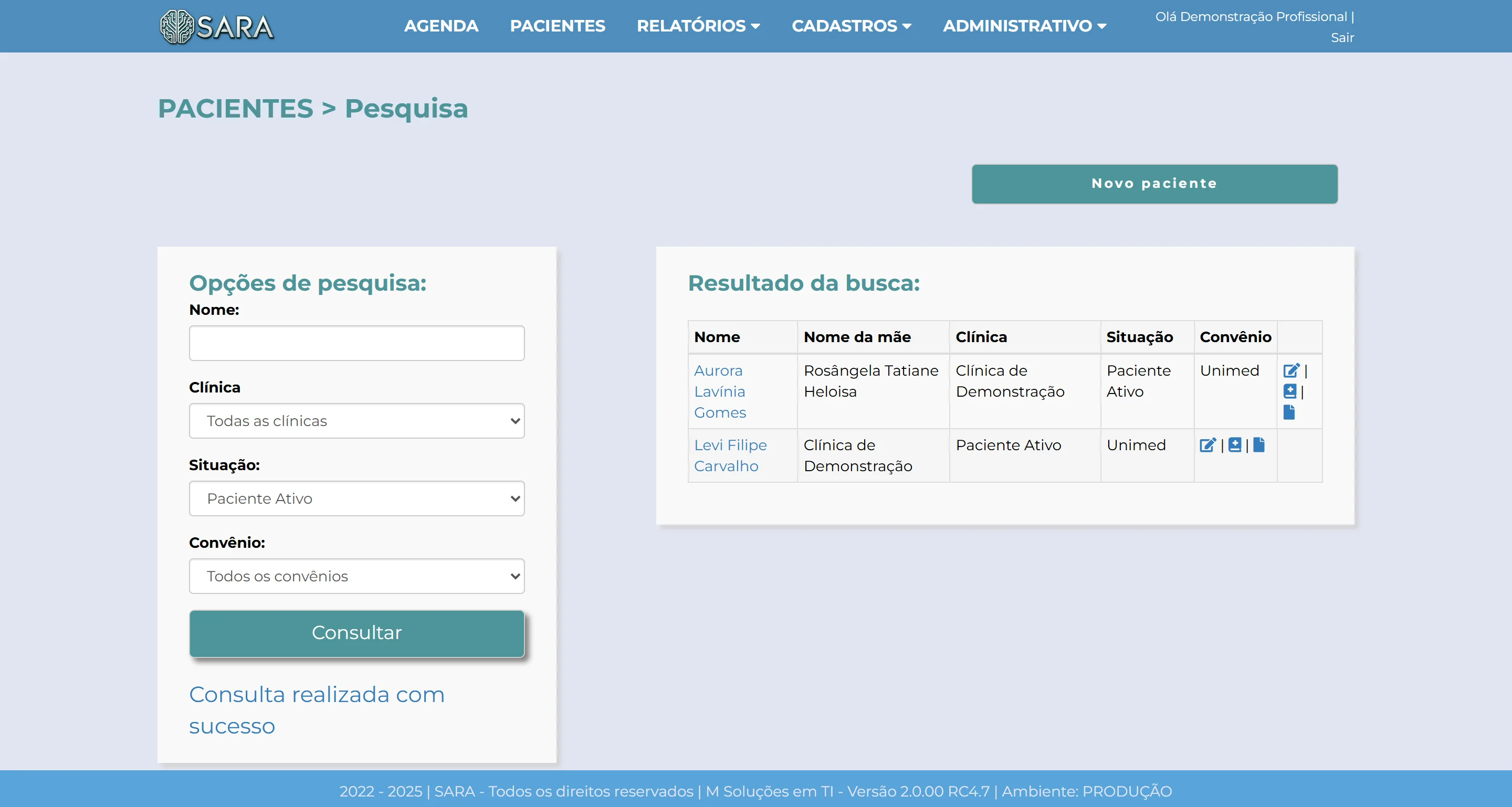 Tela de pesquisa de pacientes do SARA com filtros e resultados